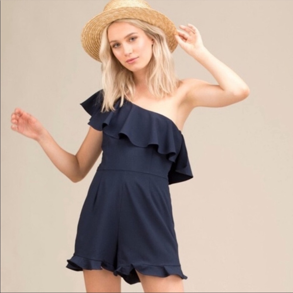 one shoulder navy romper